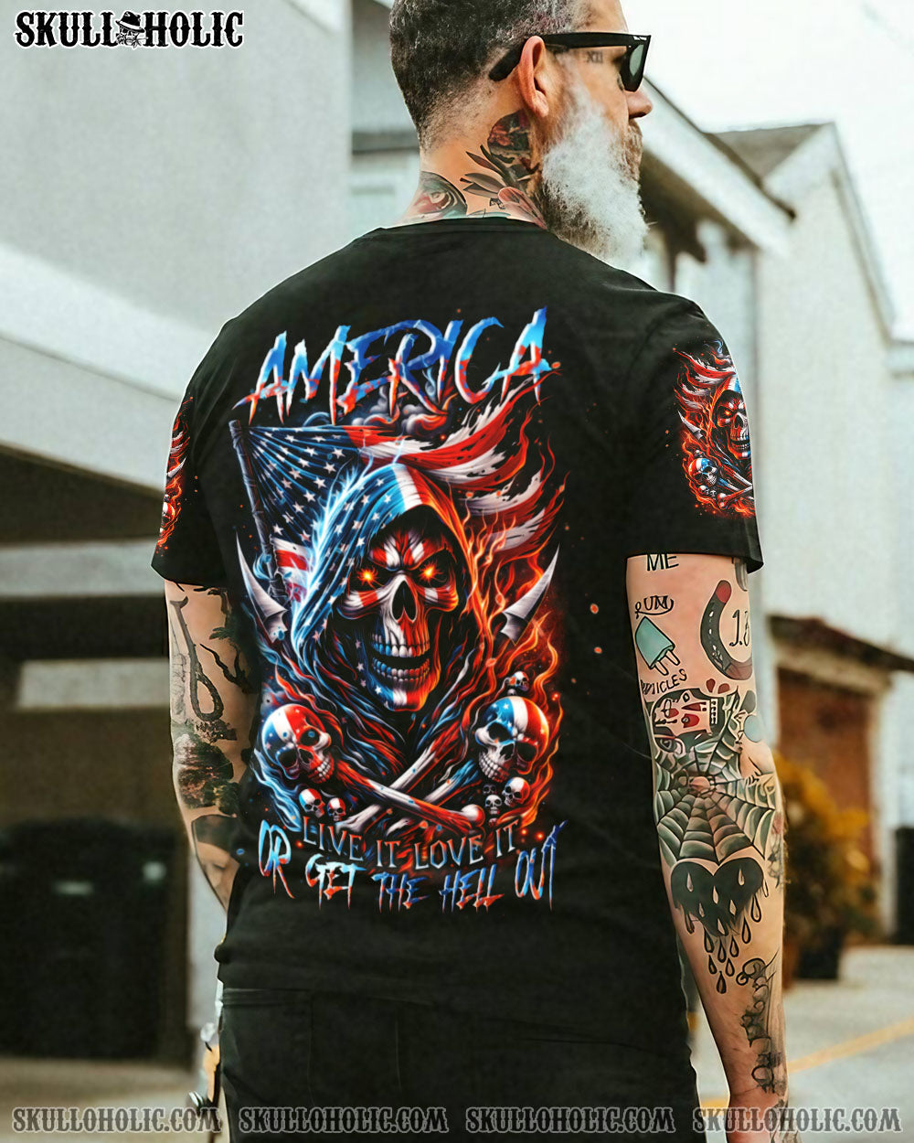 AMERICA LIVE IT LOVE IT OR GET THE HELL OUT SKULL ALL OVER PRINT – TLNT0111231