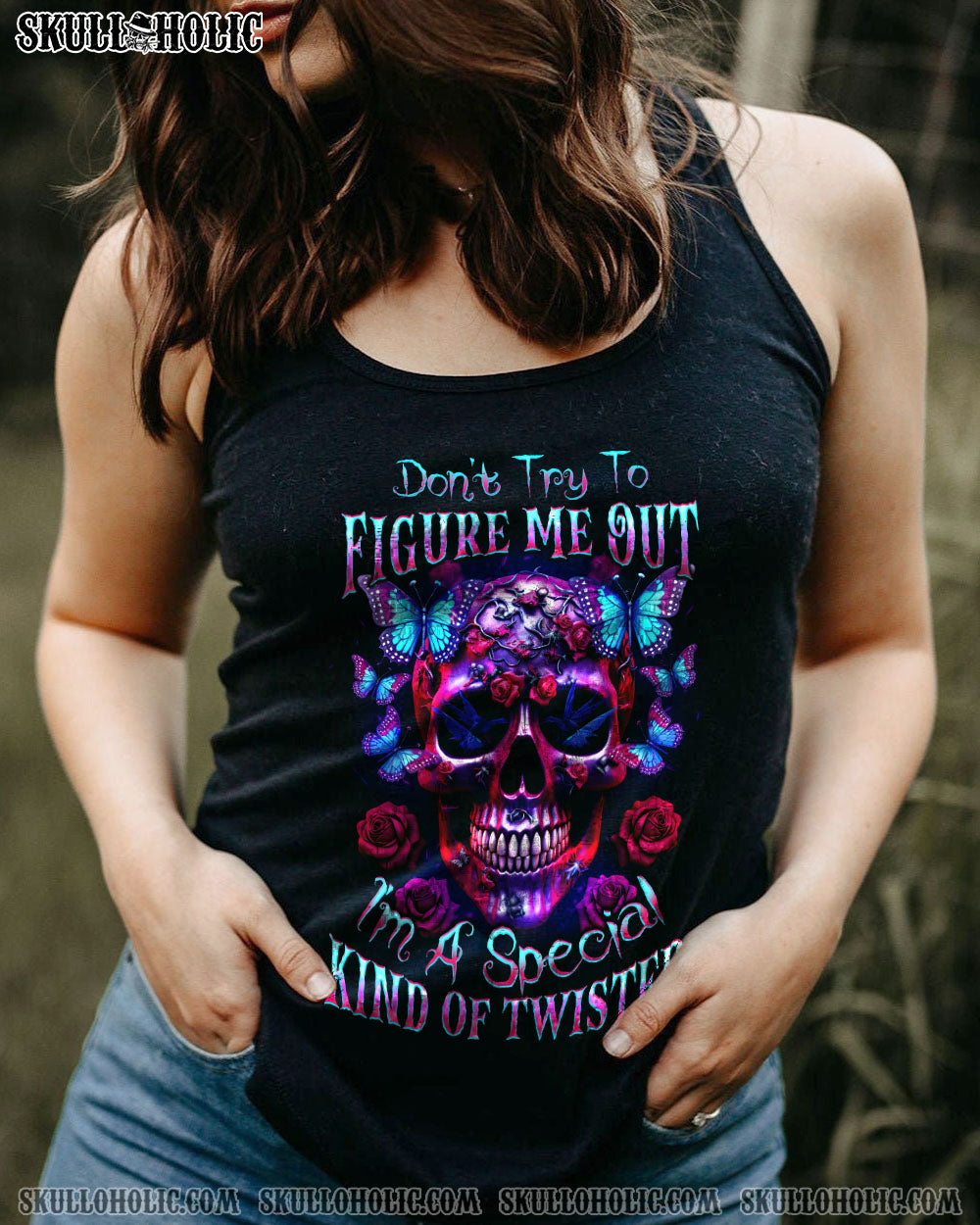 DON’T TRY TO FIGURE ME OUT BUTTERFLY SKULL ALL OVER PRINT – TLTW1505231