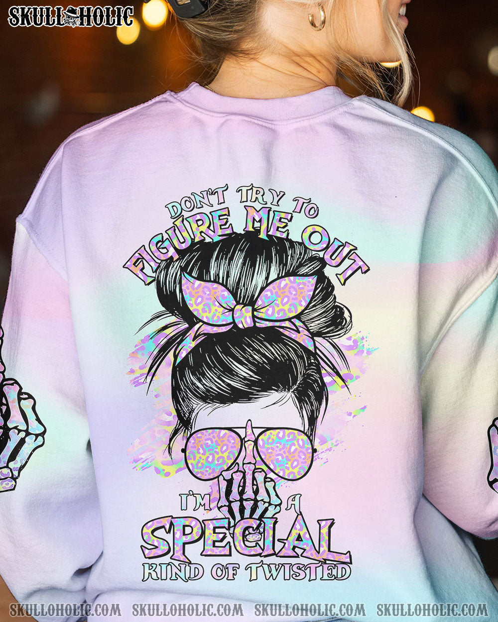 DON’T TRY TO FIGURE ME OUT MESSY BUN HOLO ALL OVER PRINT – TLTR1212221