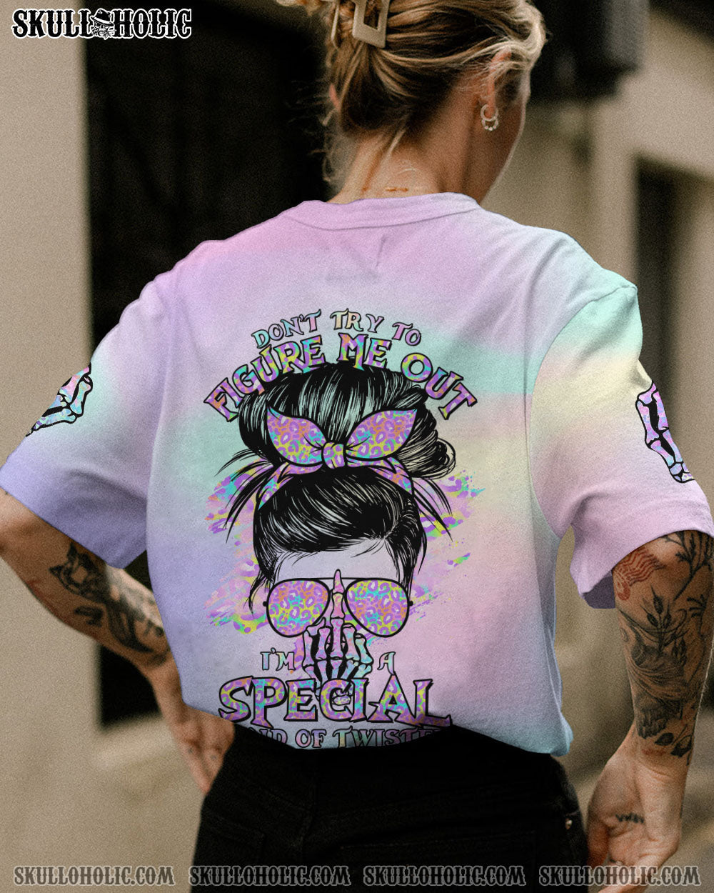 DON’T TRY TO FIGURE ME OUT MESSY BUN HOLO ALL OVER PRINT – TLTR1212221