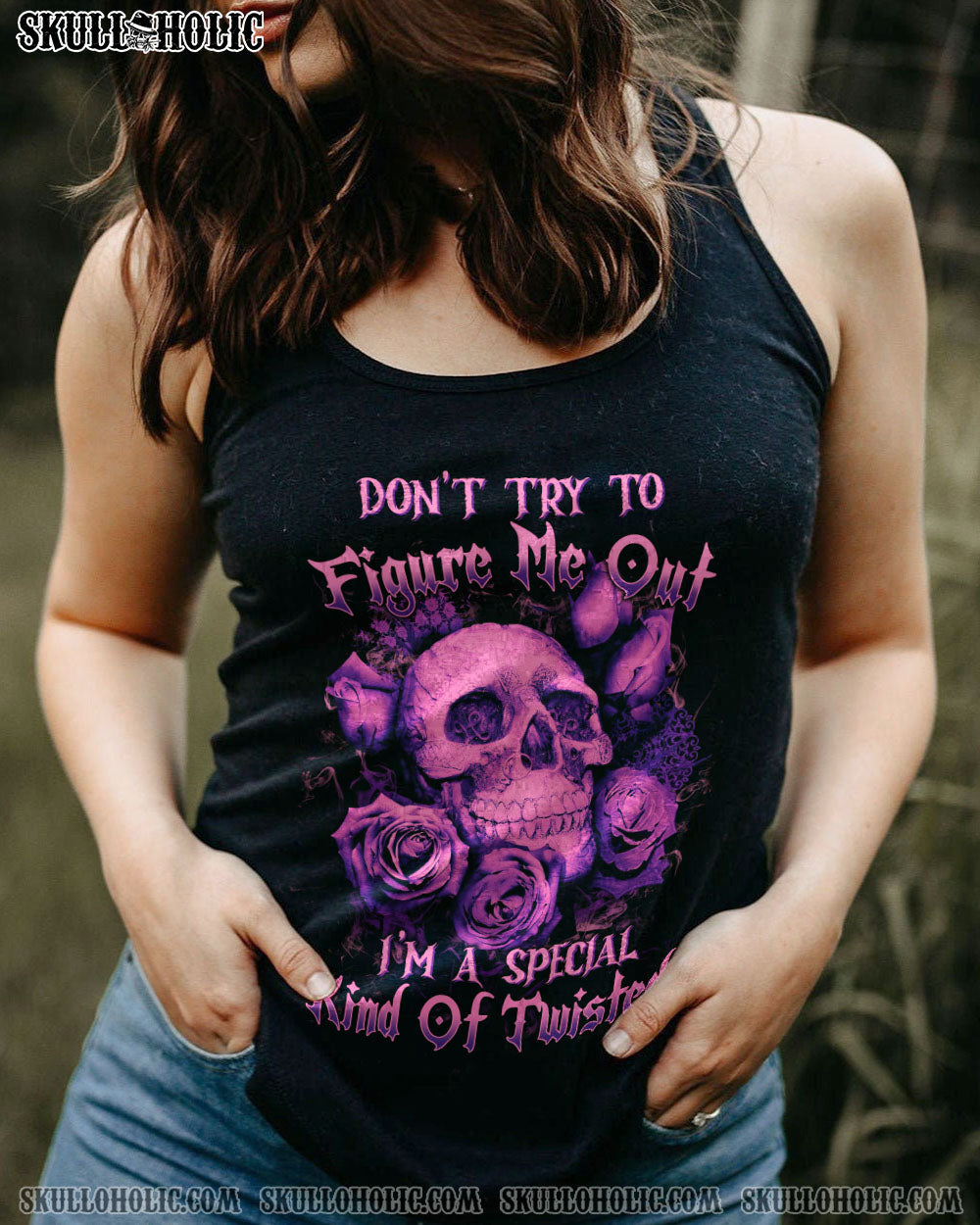 DON’T TRY TO FIGURE ME OUT PURPLE SKULL ROSE ALL OVER PRINT – TLTW1912221