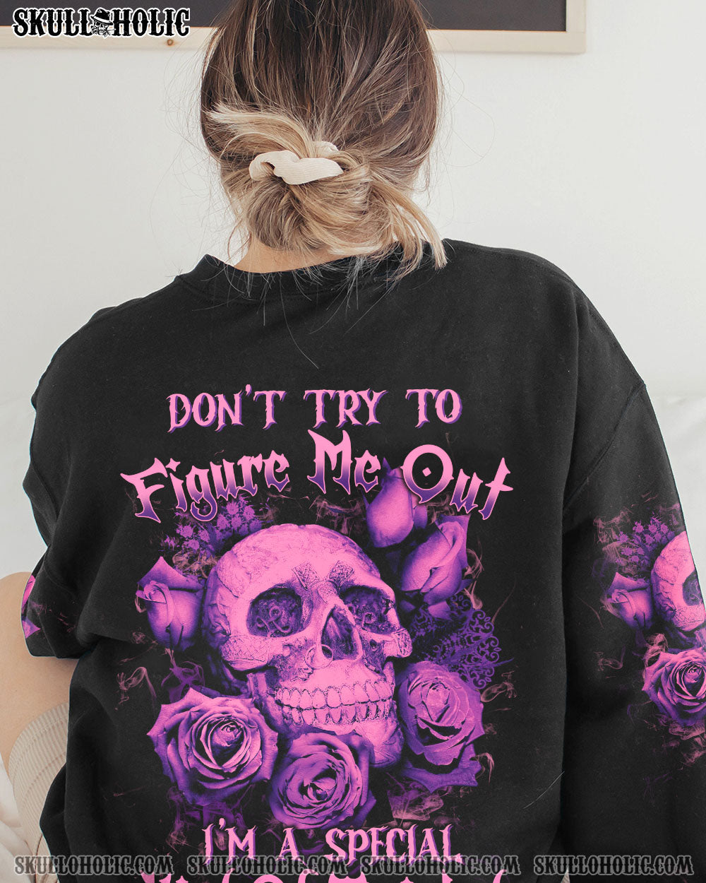 DON’T TRY TO FIGURE ME OUT PURPLE SKULL ROSE ALL OVER PRINT – TLTW1912221