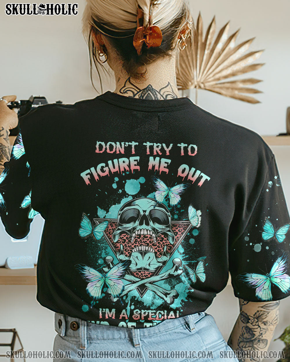 DON’T TRY TO FIGURE ME OUT TRIANGLE BUTTERFLY SKULL ALL OVER PRINT – TLNZ2712223