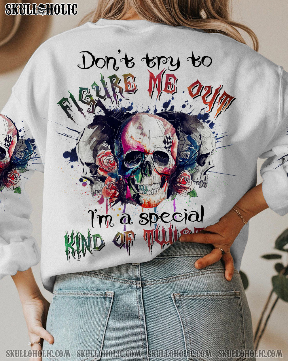 DON’T TRY TO FIGURE ME OUT WATERCOLOR SKULL ALL OVER PRINT – TLTR2412221