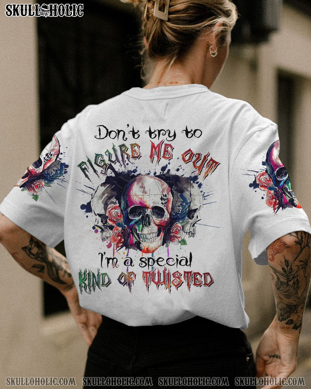 DON’T TRY TO FIGURE ME OUT WATERCOLOR SKULL ALL OVER PRINT – TLTR2412221