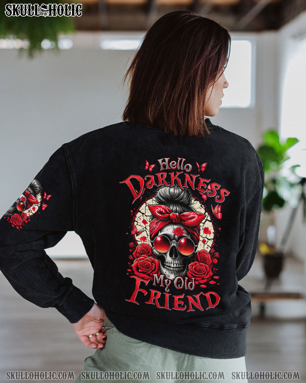 HELLO DARKNESS MY OLD FRIEND MESSY BUN SKULL ALL OVER PRINT – TYHI0805242