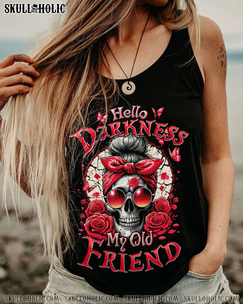 HELLO DARKNESS MY OLD FRIEND MESSY BUN SKULL ALL OVER PRINT – TYHI0805242