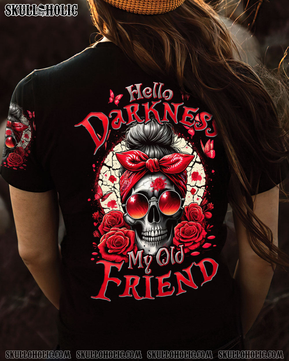 HELLO DARKNESS MY OLD FRIEND MESSY BUN SKULL ALL OVER PRINT – TYHI0805242