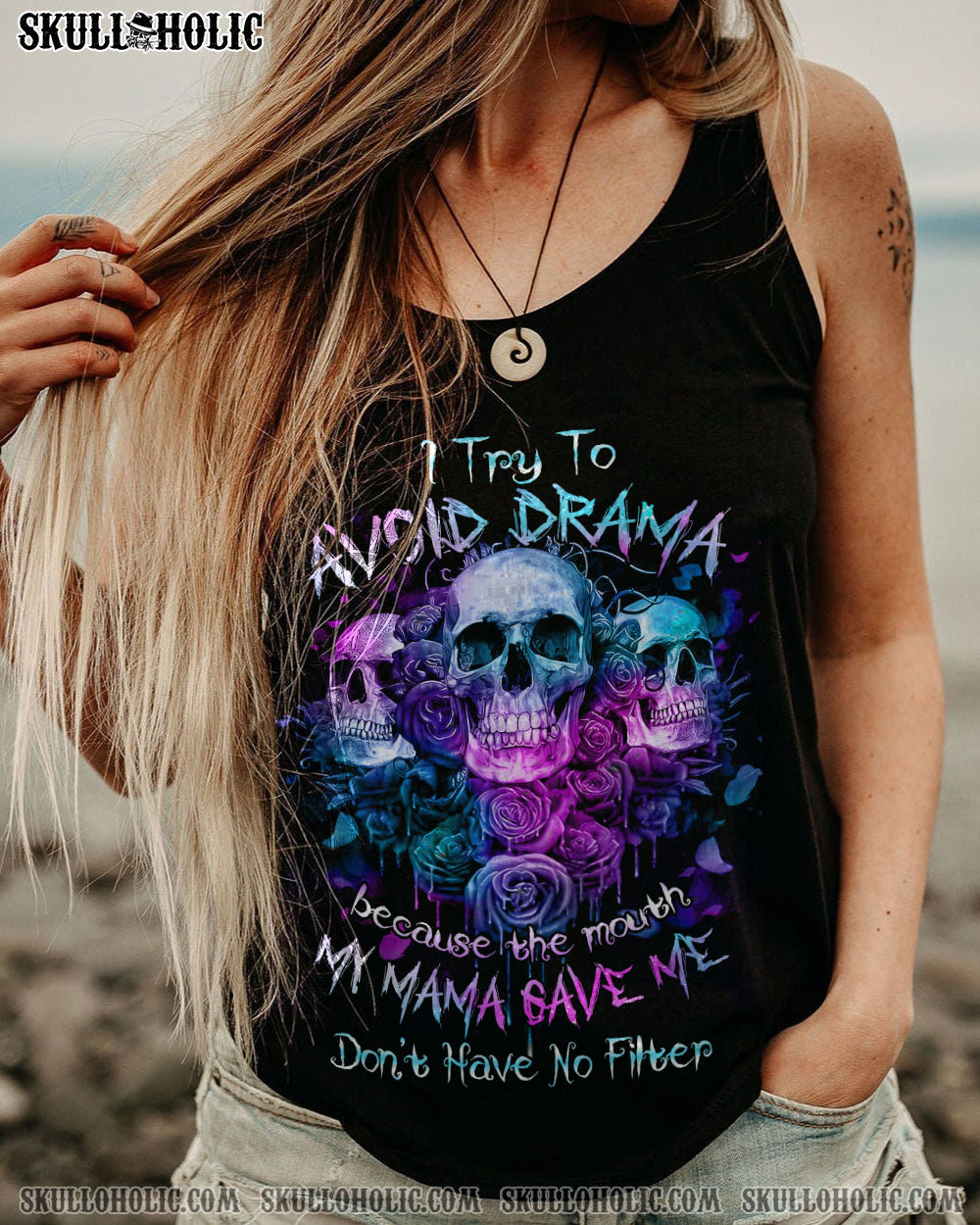 I TRY TO AVOID DRAMA PURPLE ROSE SKULLS OVER PRINT – TLNZ0602234