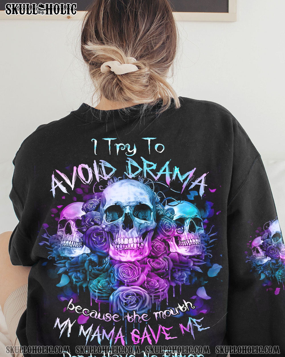 I TRY TO AVOID DRAMA PURPLE ROSE SKULLS OVER PRINT – TLNZ0602234