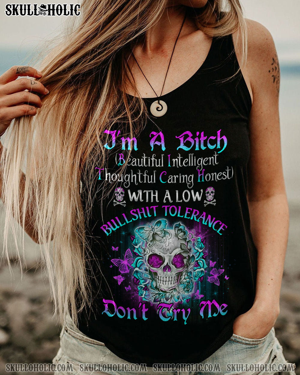 I’M A B DON’T TRY ME TATTOOED FLOWER SKULL ALL OVER PRINT – TLNO1502232