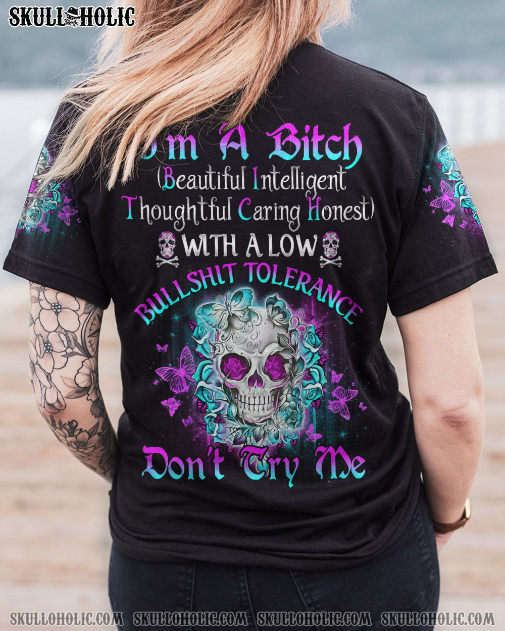 I’M A B DON’T TRY ME TATTOOED FLOWER SKULL ALL OVER PRINT – TLNO1502232