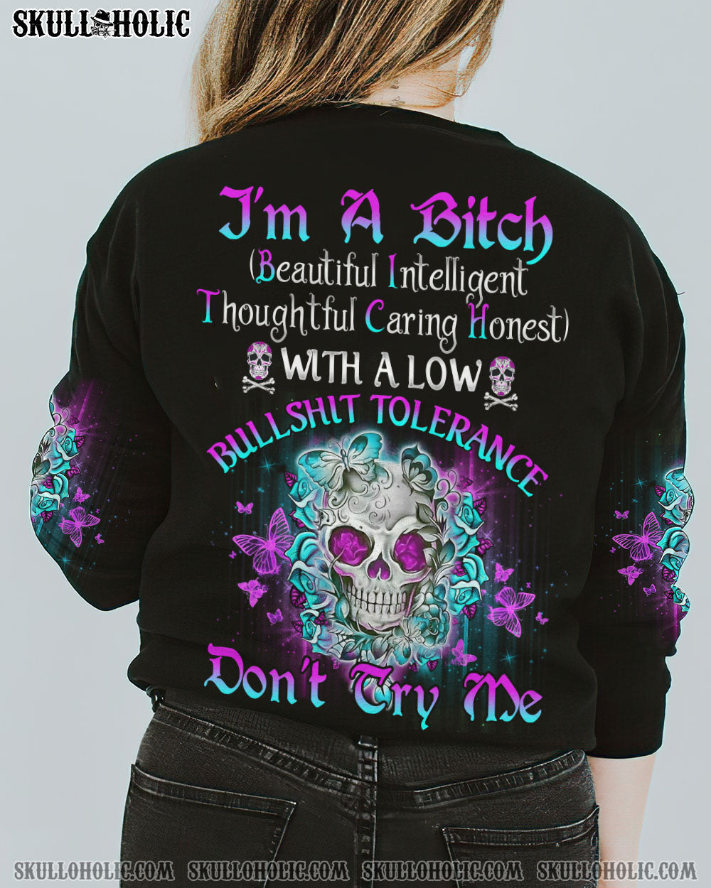 I’M A B DON’T TRY ME TATTOOED FLOWER SKULL ALL OVER PRINT – TLNO1502232