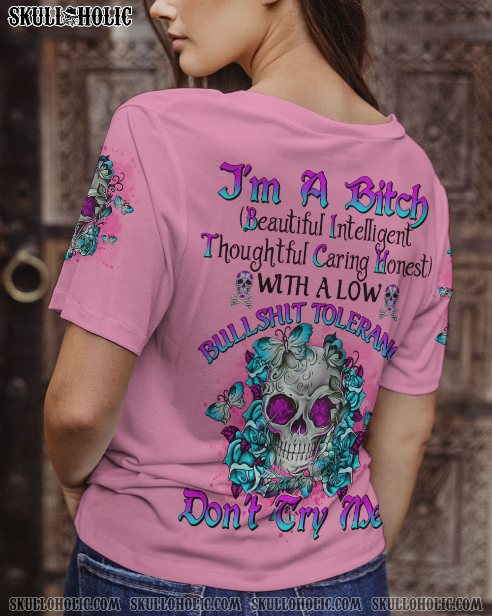 I’M A B DON’T TRY ME TATTOOED FLOWER SKULL ALL OVER PRINT – TLNO2402232