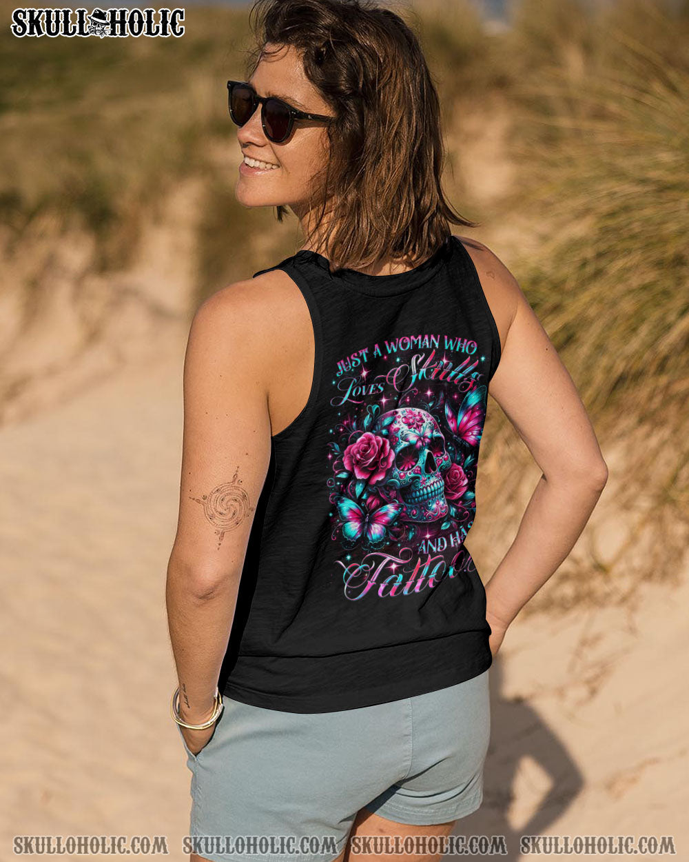 JUST A WOMAN WHO LOVES SKULLS AND HAS TATTOOS ALL OVER PRINT – YHDU0805241