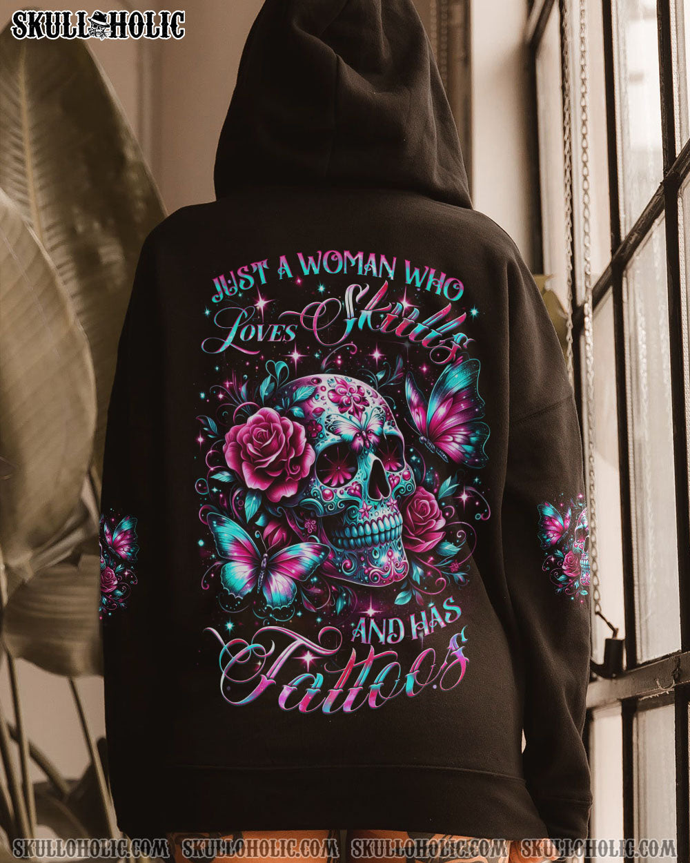 JUST A WOMAN WHO LOVES SKULLS AND HAS TATTOOS ALL OVER PRINT – YHDU0805241