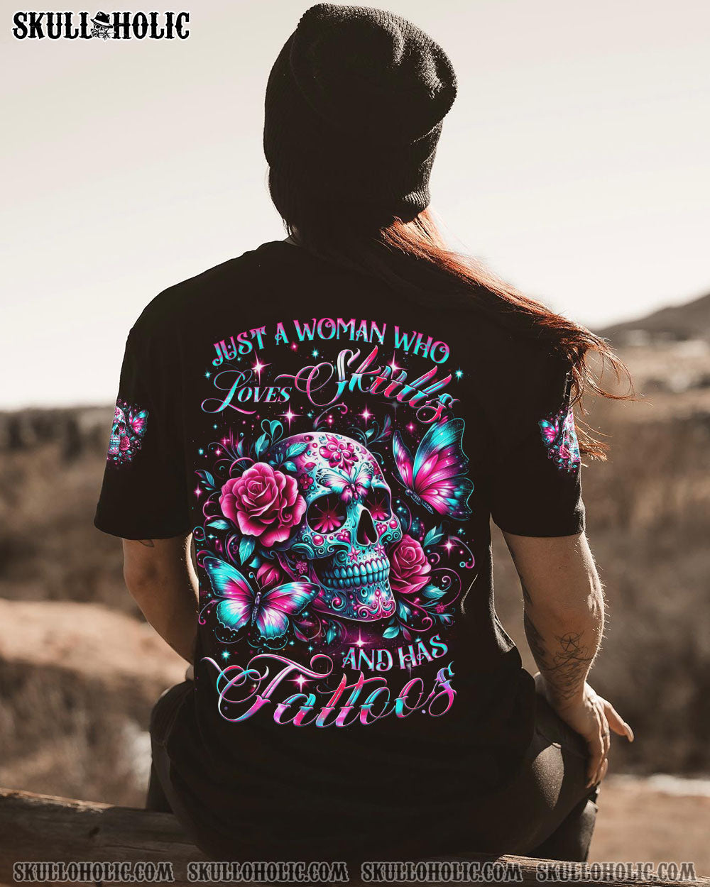 JUST A WOMAN WHO LOVES SKULLS AND HAS TATTOOS ALL OVER PRINT – YHDU0805241