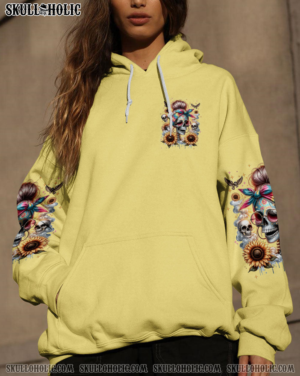 SHE IS SUNSHINE MESSY BUN SKULL ALL OVER PRINT – TLNT0311232