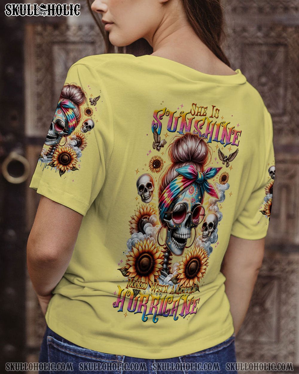 SHE IS SUNSHINE MESSY BUN SKULL ALL OVER PRINT – TLNT0311232