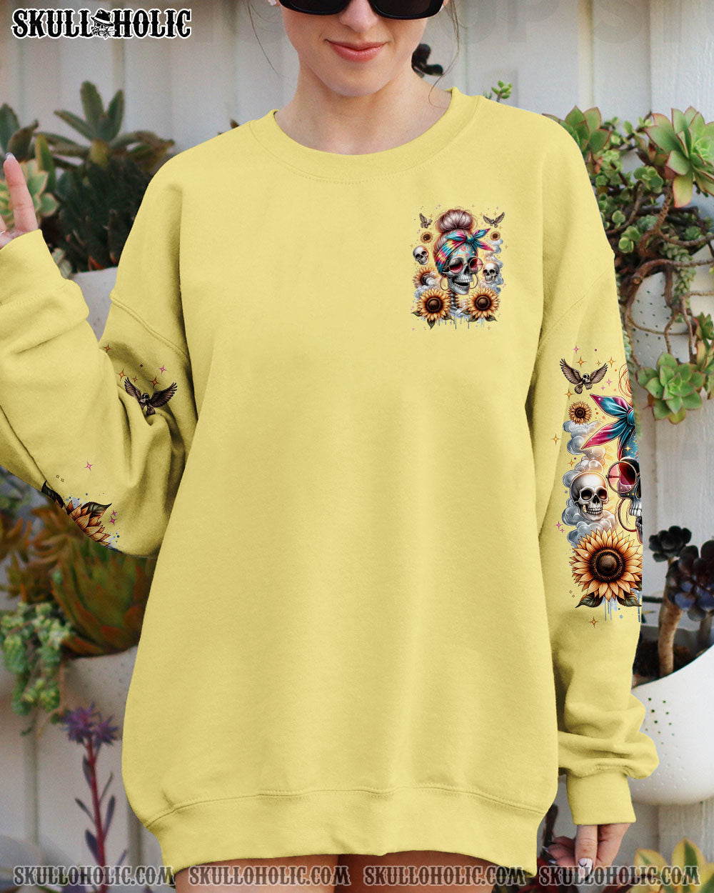 SHE IS SUNSHINE MESSY BUN SKULL ALL OVER PRINT – TLNT0311232