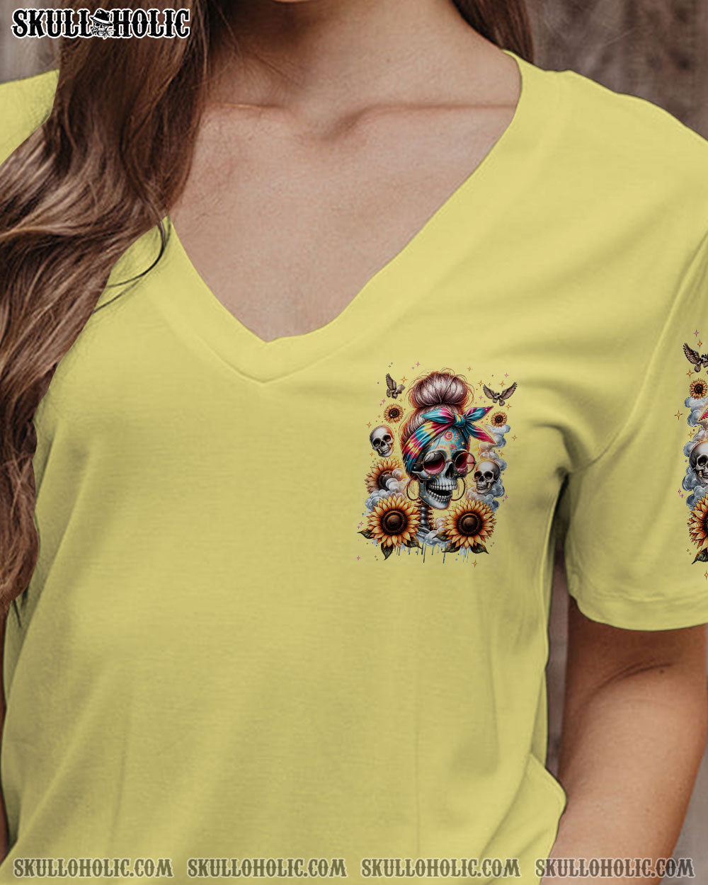 SHE IS SUNSHINE MESSY BUN SKULL ALL OVER PRINT – TLNT0311232