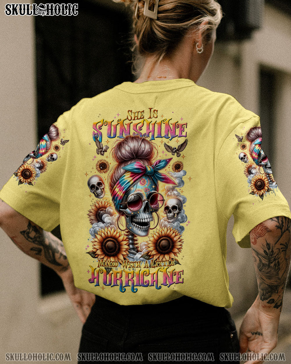 SHE IS SUNSHINE MESSY BUN SKULL ALL OVER PRINT – TLNT0311232