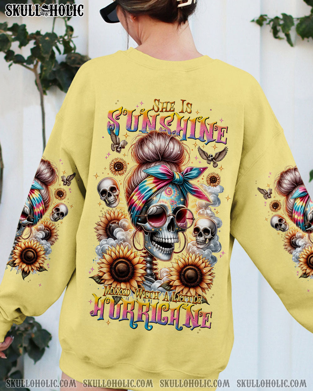 SHE IS SUNSHINE MESSY BUN SKULL ALL OVER PRINT – TLNT0311232