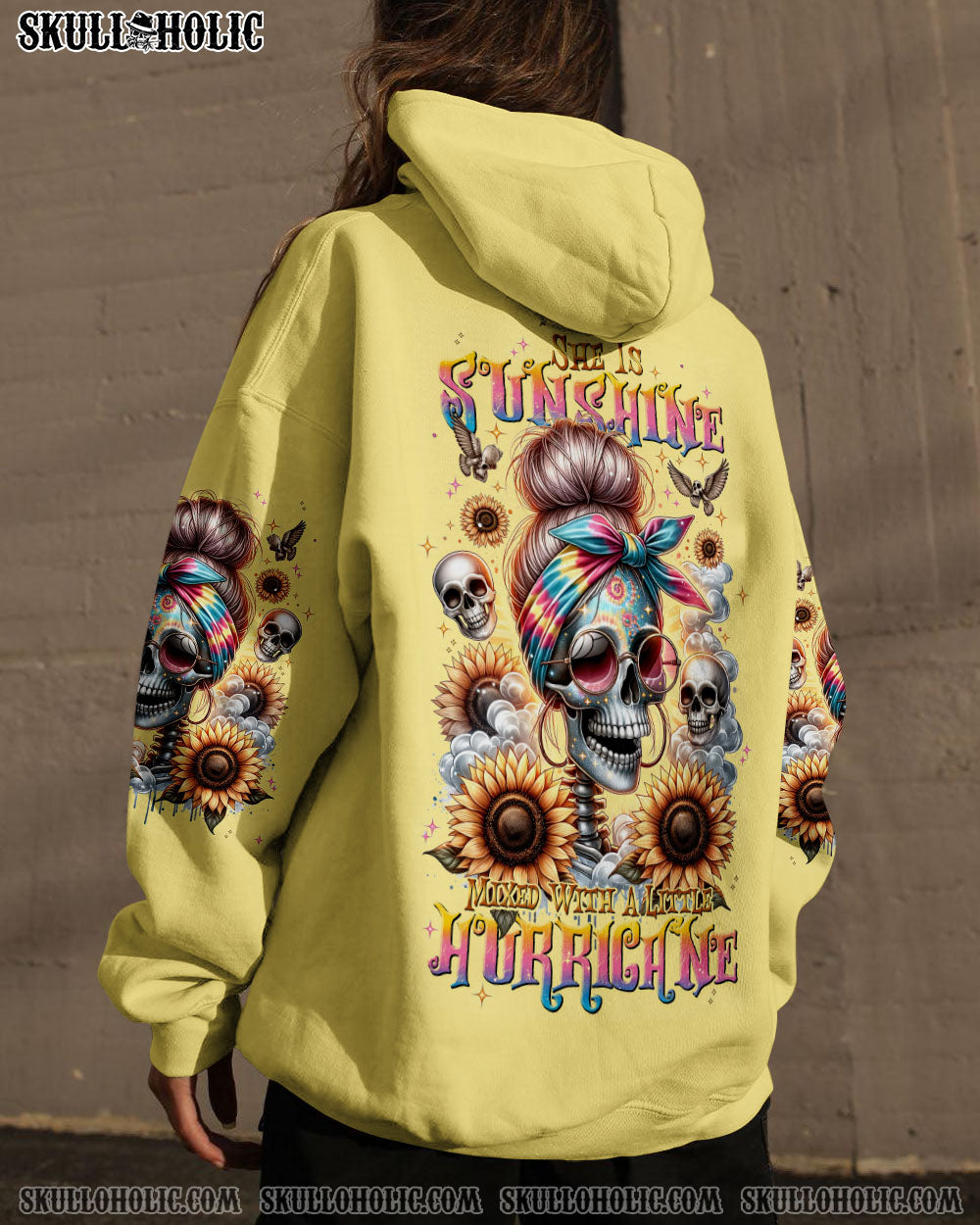 SHE IS SUNSHINE MESSY BUN SKULL ALL OVER PRINT – TLNT0311232