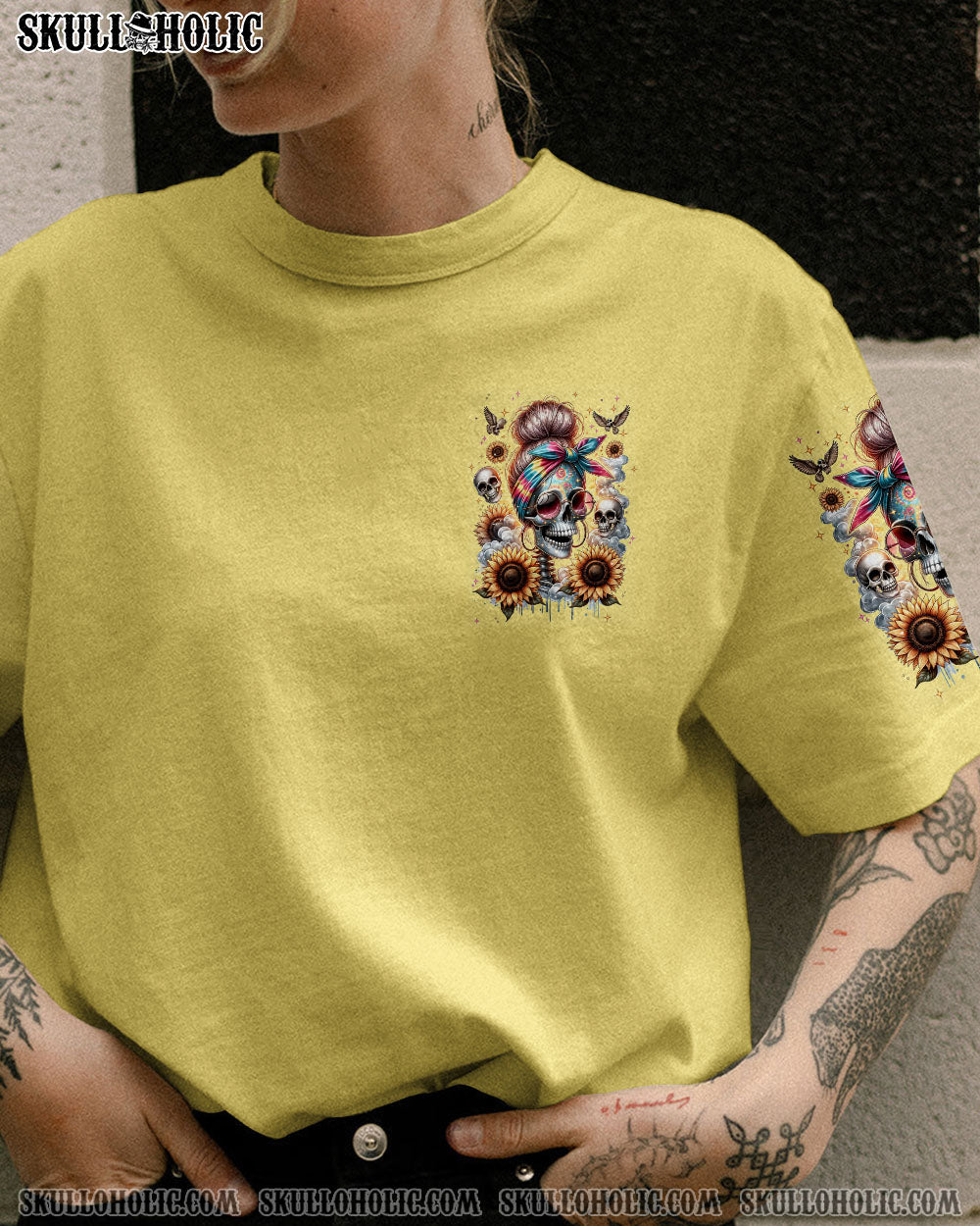 SHE IS SUNSHINE MESSY BUN SKULL ALL OVER PRINT – TLNT0311232