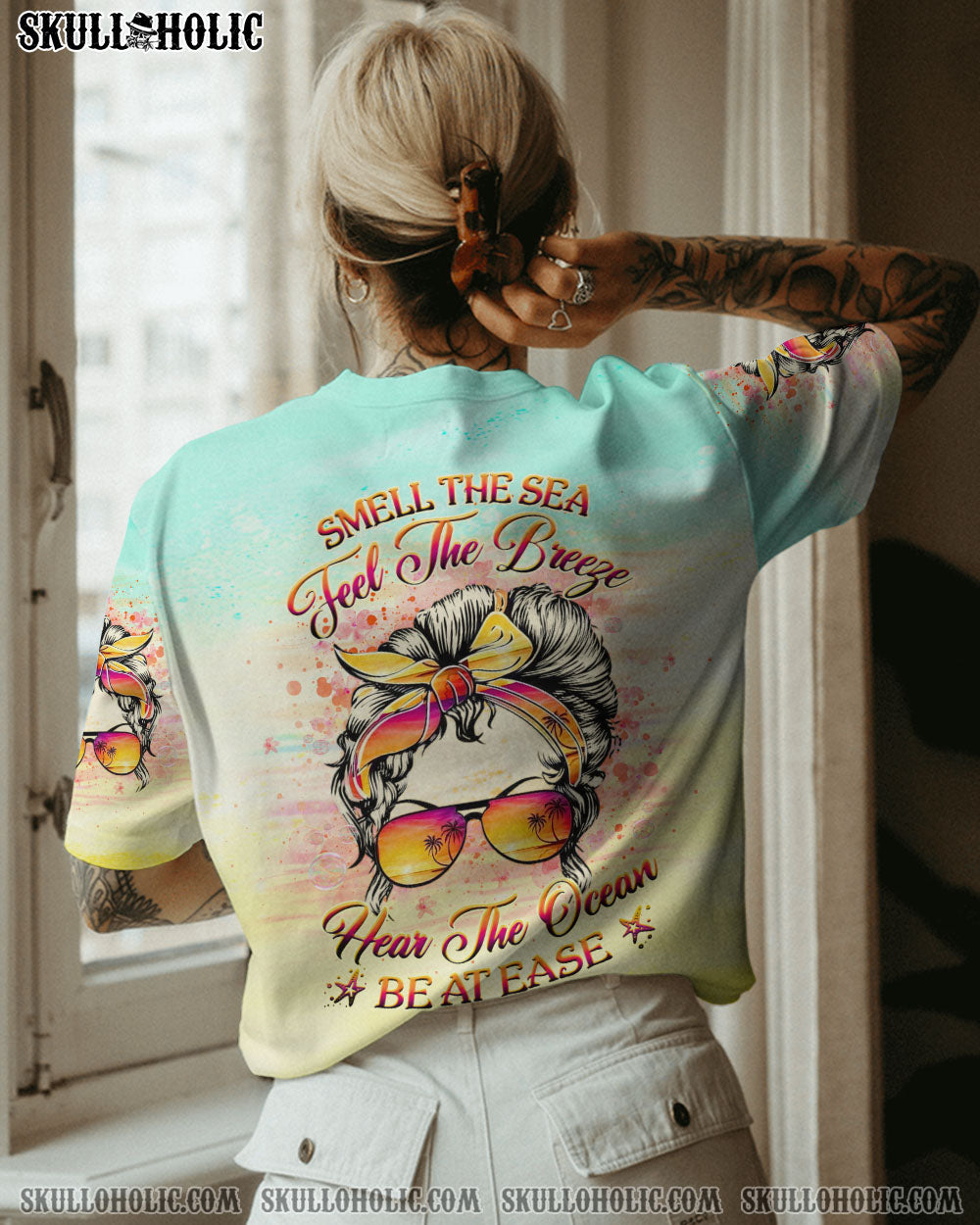 SMELL THE SEA FEEL THE BREEZE MESSY BUN ALL OVER PRINT – YHHG2107234