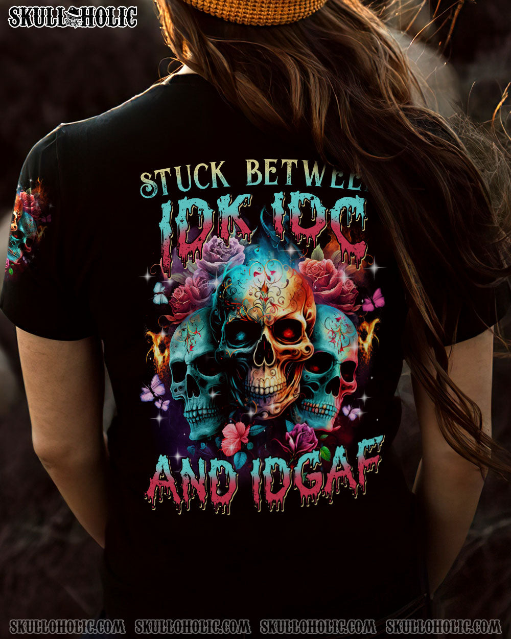 STUCK BETWEEN IDK IDC AND IDGAF 3 ROSE SKULLS FIRE ALL OVER PRINT – TLTM0702232