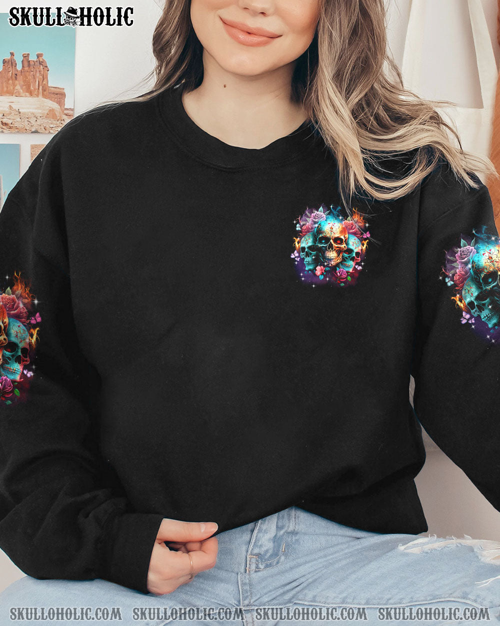 STUCK BETWEEN IDK IDC AND IDGAF 3 ROSE SKULLS FIRE ALL OVER PRINT – TLTM0702232