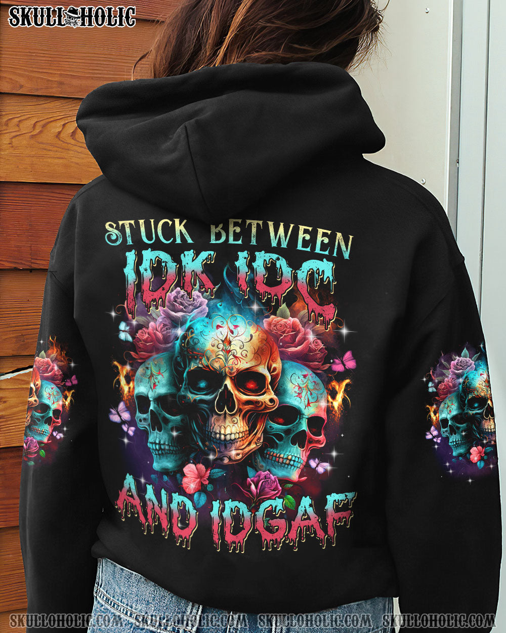 STUCK BETWEEN IDK IDC AND IDGAF 3 ROSE SKULLS FIRE ALL OVER PRINT – TLTM0702232