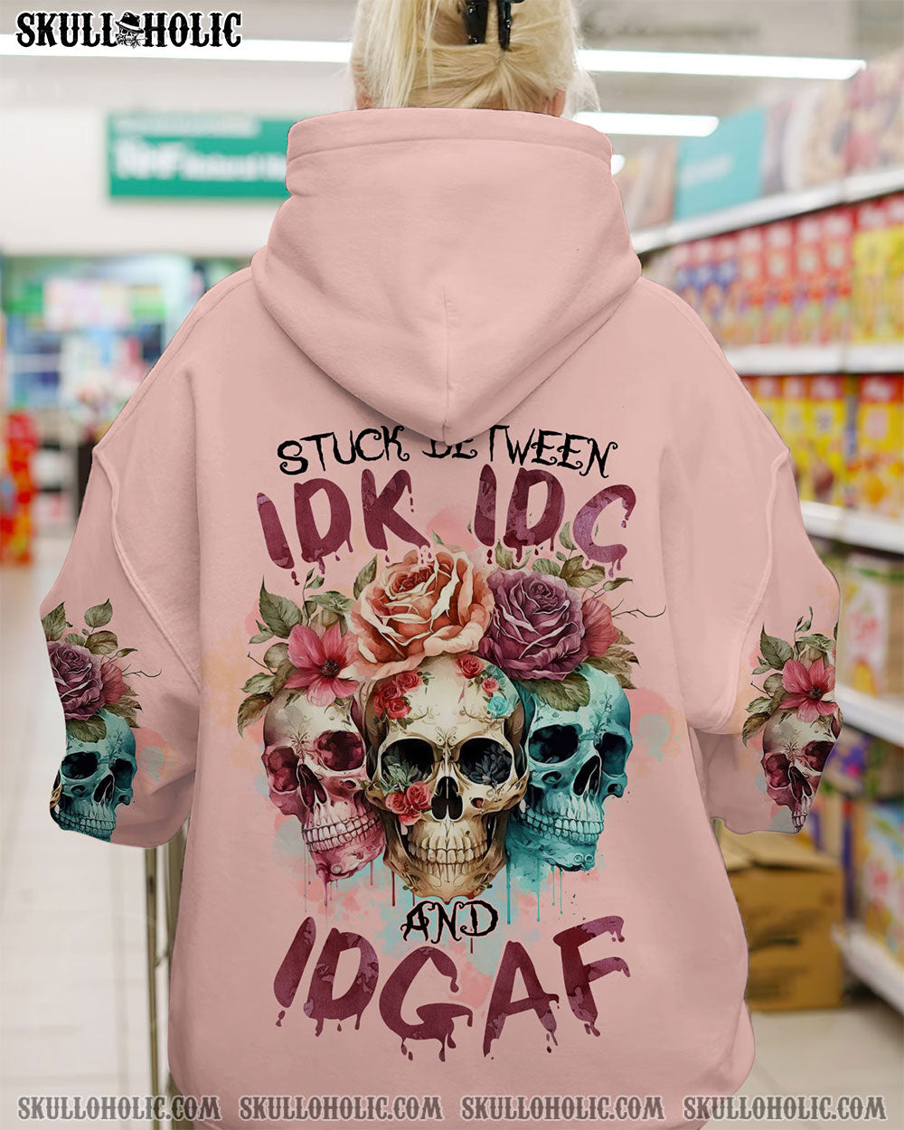 STUCK BETWEEN IDK IDC AND IDGAF 3 SKULLS WATERCOLOR ALL OVER PRINT - TLTR0702232