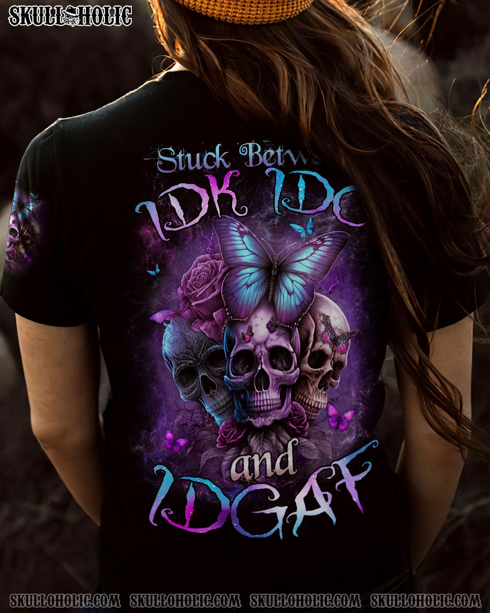 STUCK BETWEEN IDK IDC AND IDGAF BUTTERFLY SKULL ALL OVER PRINT – TLNZ0202233