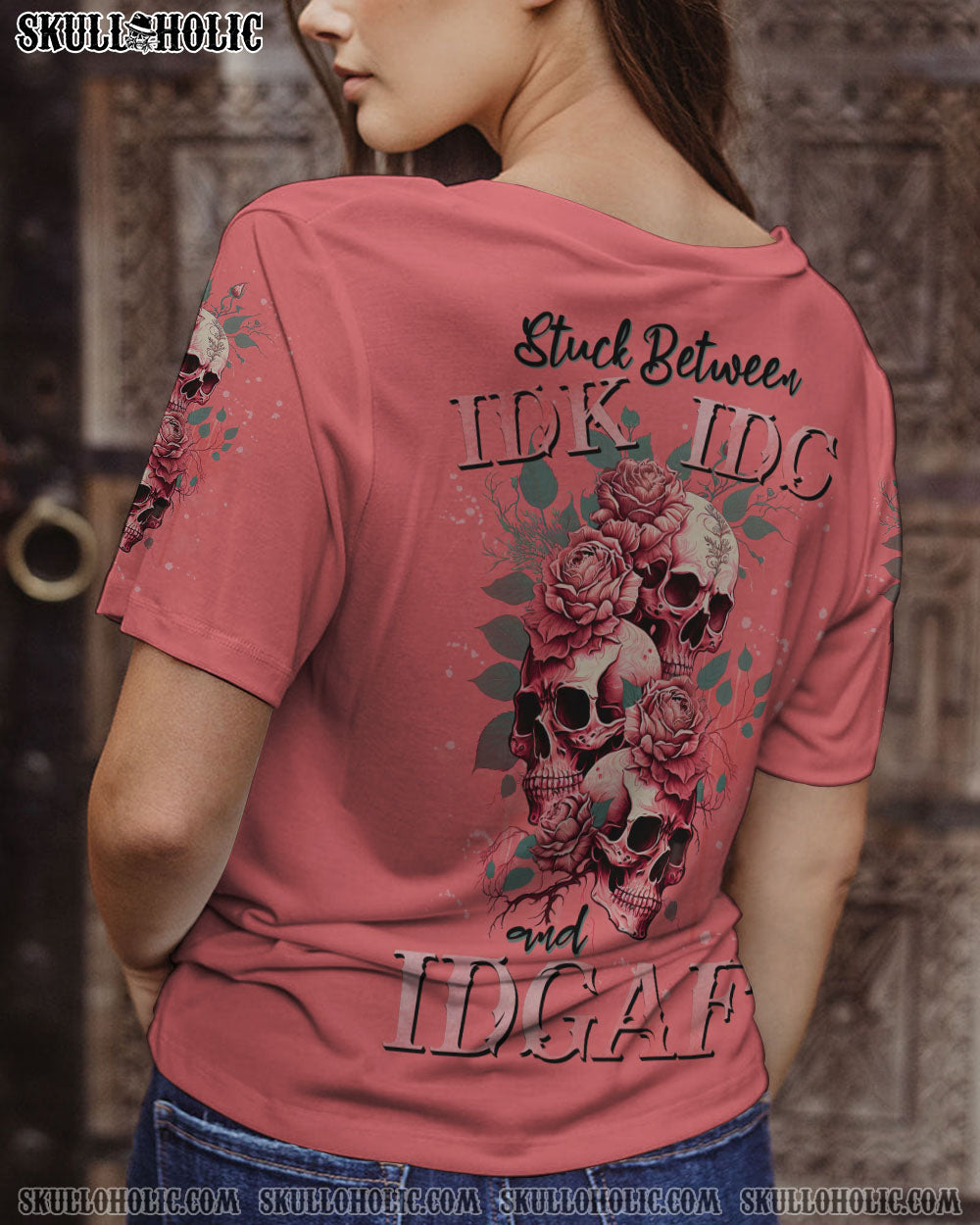 STUCK BETWEEN IDK IDC AND IDGAF SKULL ROSE PINK ALL OVER PRINT – TLNZ2302233