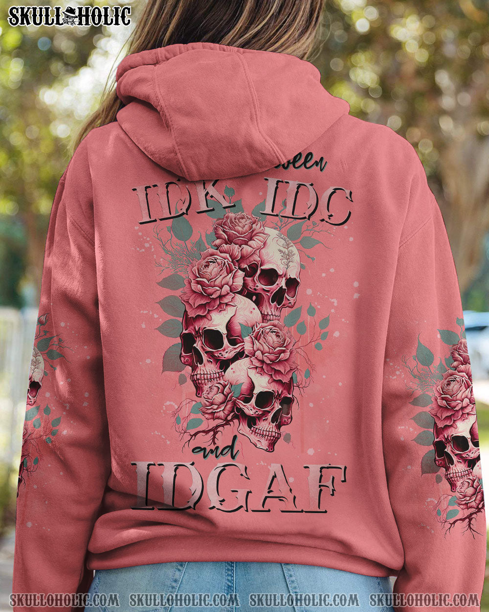 STUCK BETWEEN IDK IDC AND IDGAF SKULL ROSE PINK ALL OVER PRINT – TLNZ2302233