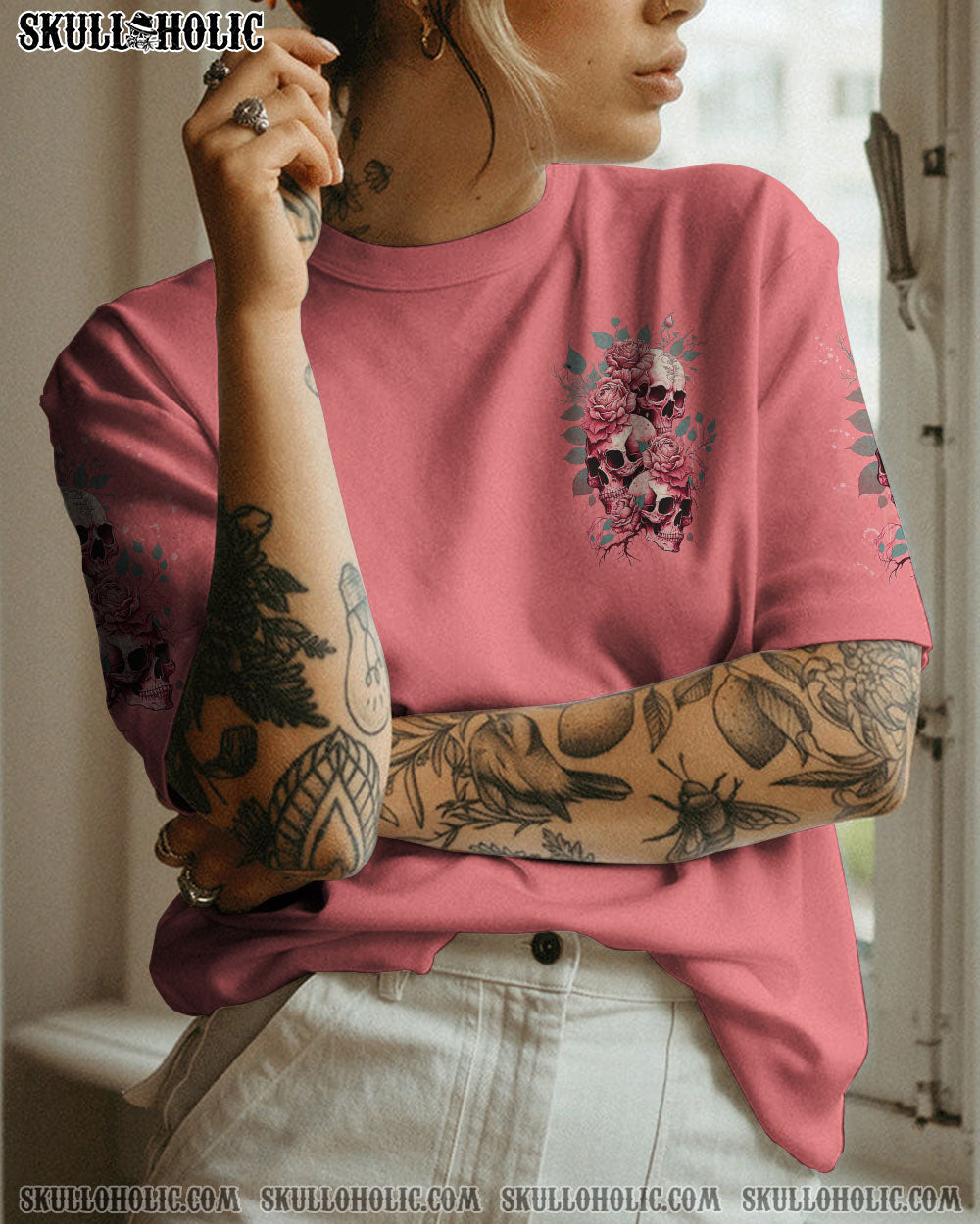 STUCK BETWEEN IDK IDC AND IDGAF SKULL ROSE PINK ALL OVER PRINT – TLNZ2302233