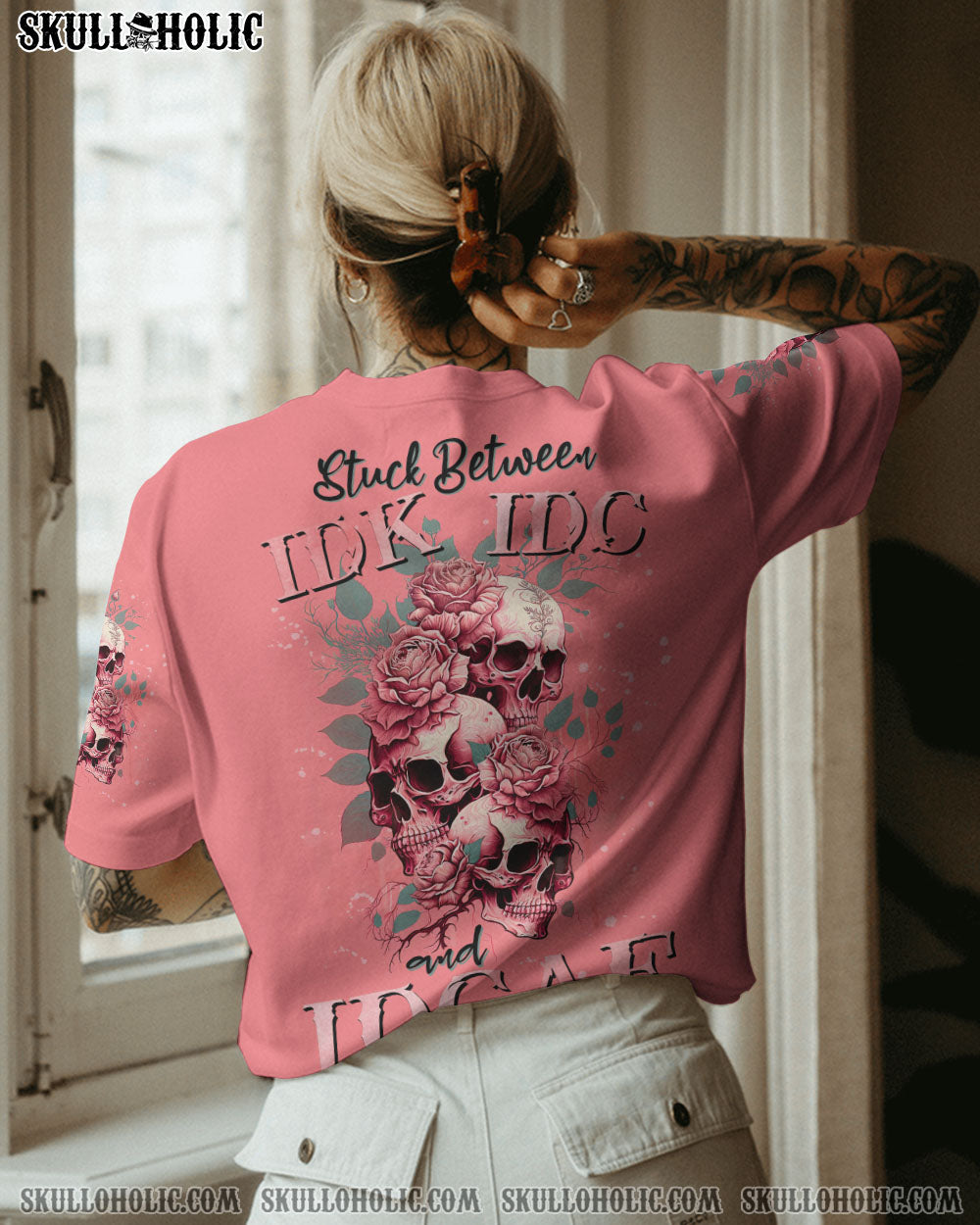STUCK BETWEEN IDK IDC AND IDGAF SKULL ROSE PINK ALL OVER PRINT – TLNZ2302233