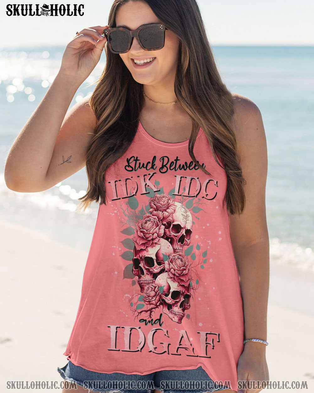 STUCK BETWEEN IDK IDC AND IDGAF SKULL ROSE PINK ALL OVER PRINT – TLNZ2302233