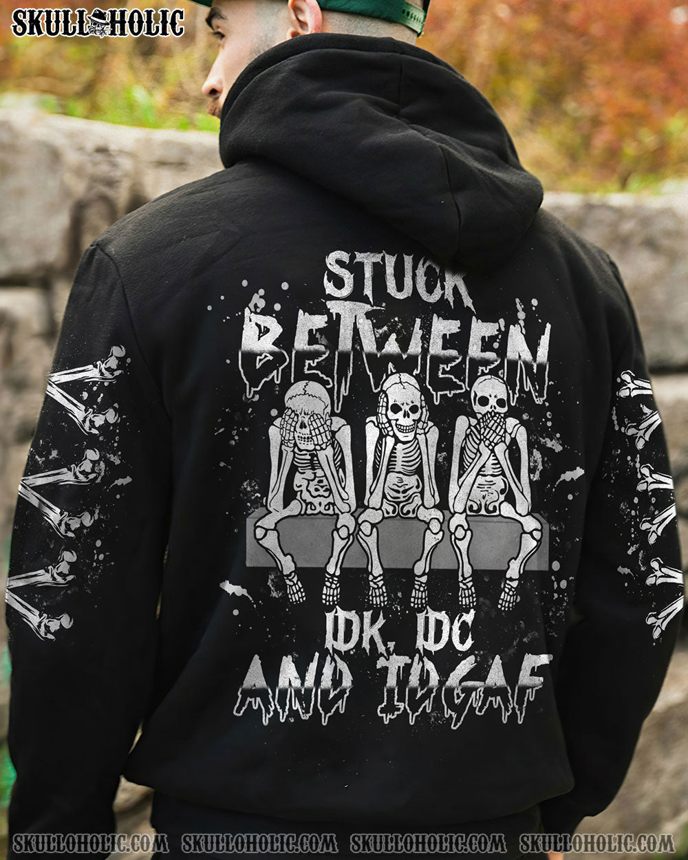 STUCK BETWEEN IDK IDCK AND IDGAF 3 SKELETONS ALL OVER PRINT - TLTM0401233