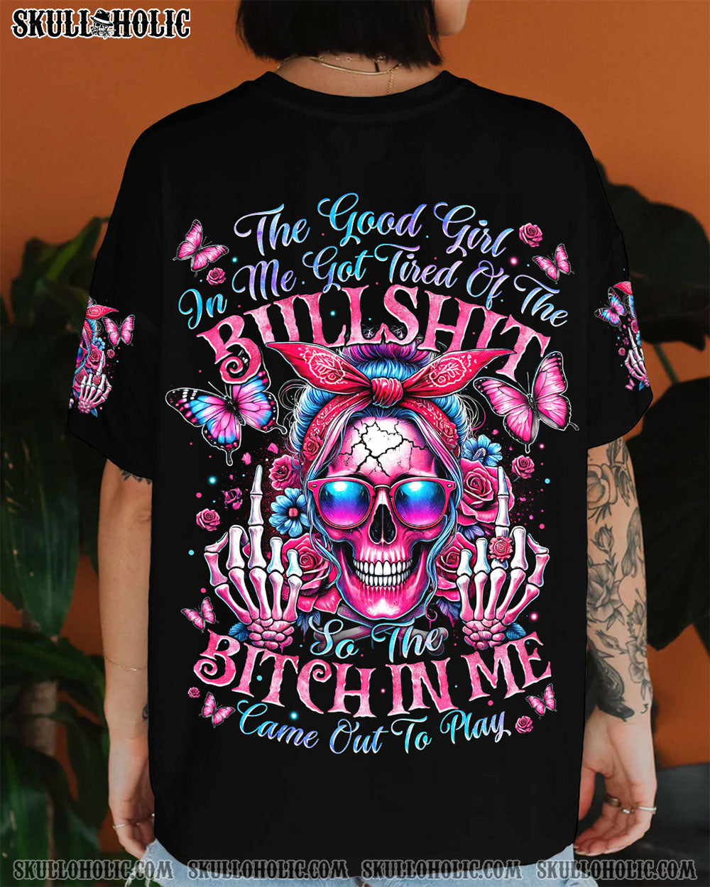 THE GOOD GIRL IN ME MESSY BUN SKULL ALL OVER PRINT - TYTM2207244