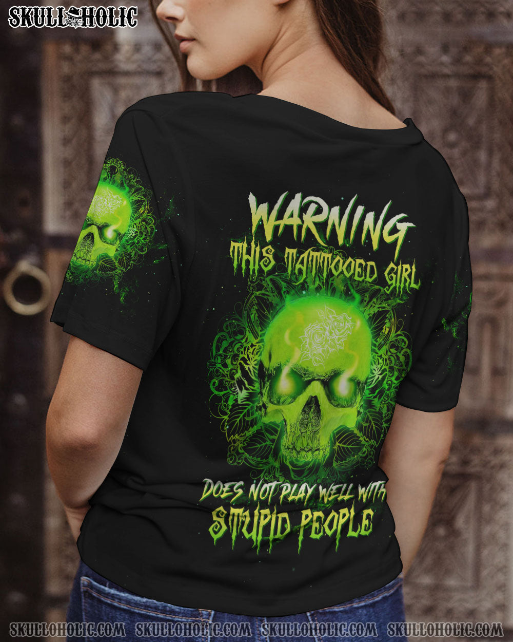 WARNING THIS TATTOOED GIRL GREEN SKULL ALL OVER PRINT – TLTW2012223