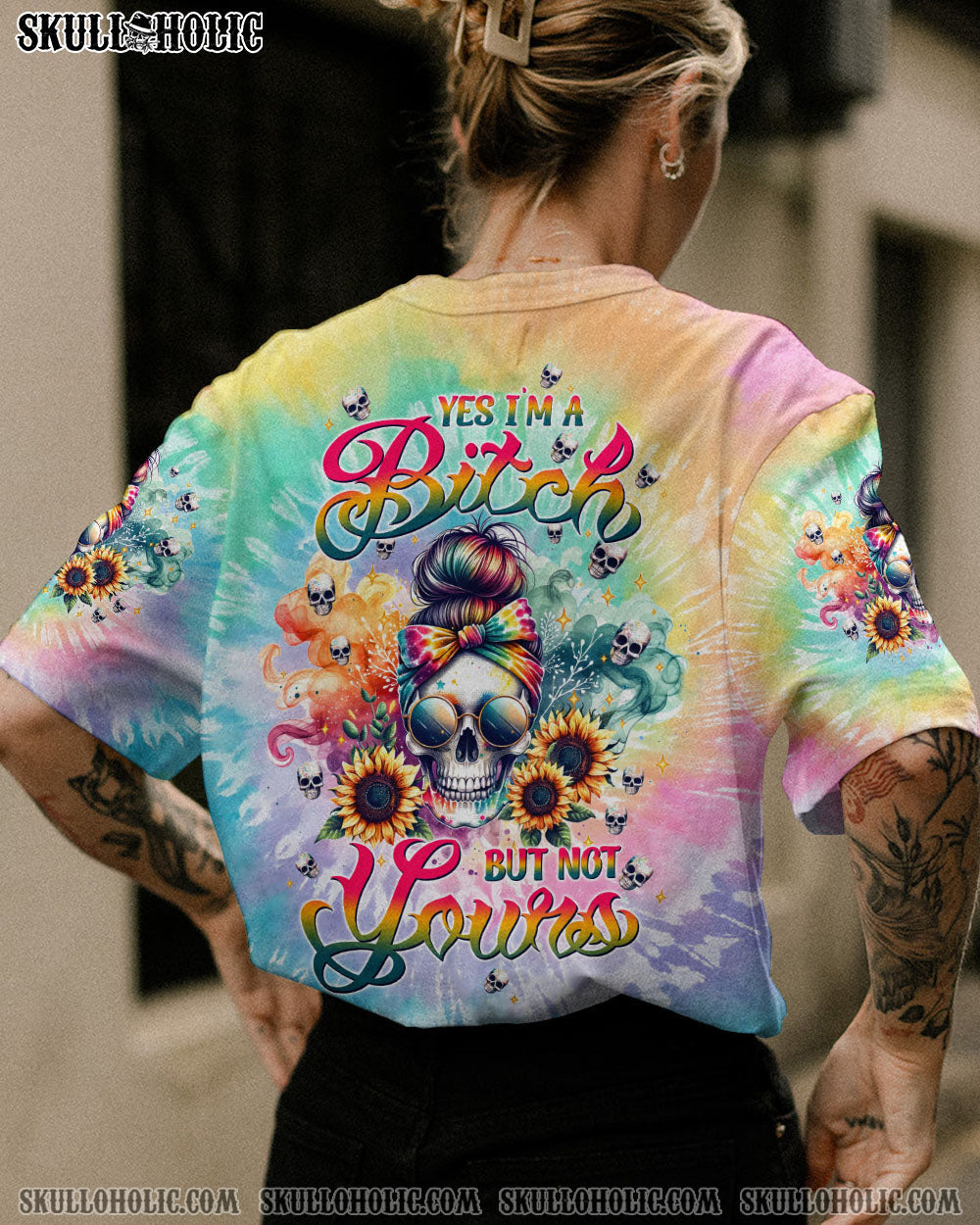 YES I’M A B BUT NOT YOURS MESSY BUN TIE DYE ALL OVER PRINT – TLTW1011233