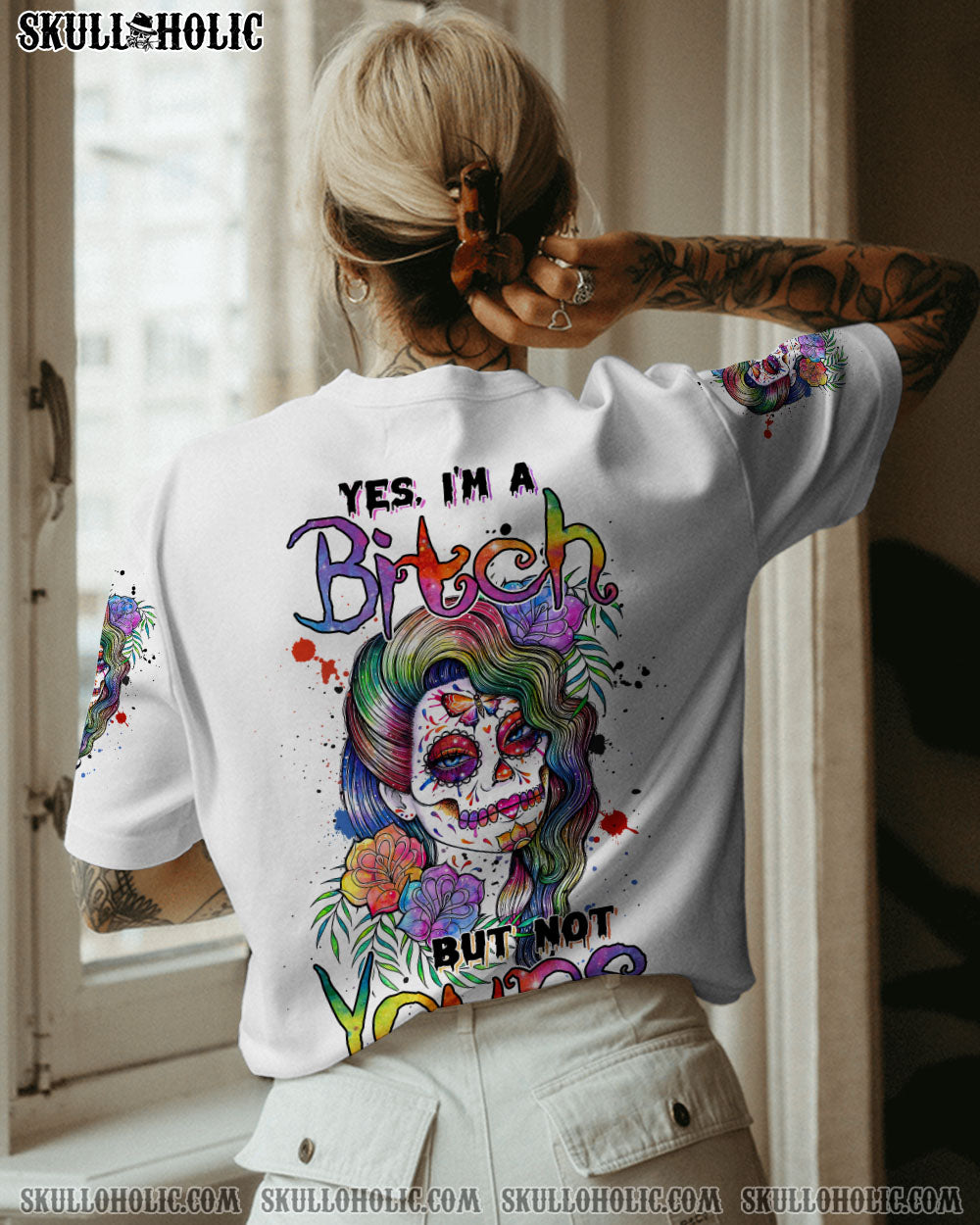 YES I’M A B WATERCOLOR SUGAR SKULL ALL OVER PRINT – TLNZ1412224