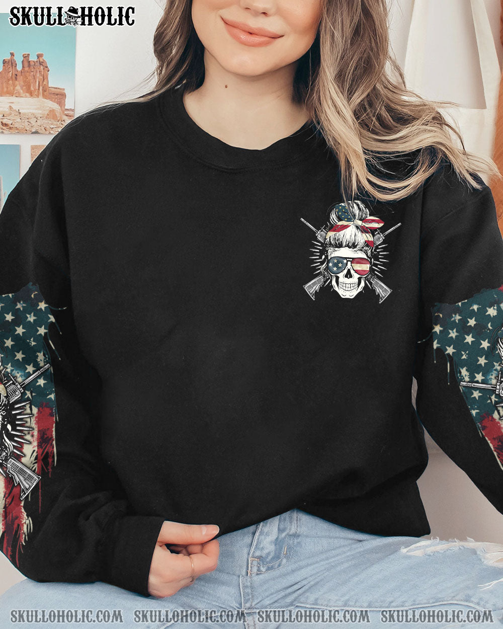YOU COULDN’T HANDLE ME AMERICAN SKULL MESSY BUN ALL OVER PRINT – TLTW2312221