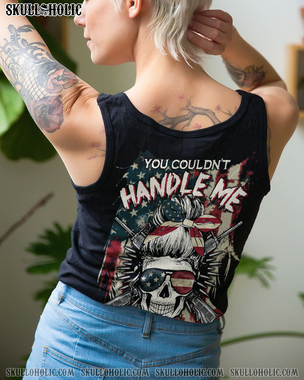 YOU COULDN’T HANDLE ME AMERICAN SKULL MESSY BUN ALL OVER PRINT – TLTW2312221