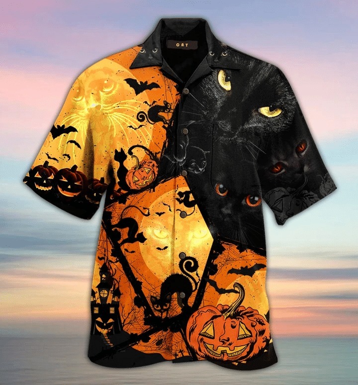 HALLOWEEN BLACK CAT AND PUMPKINS HAWAIIAN SHIRT – BBS