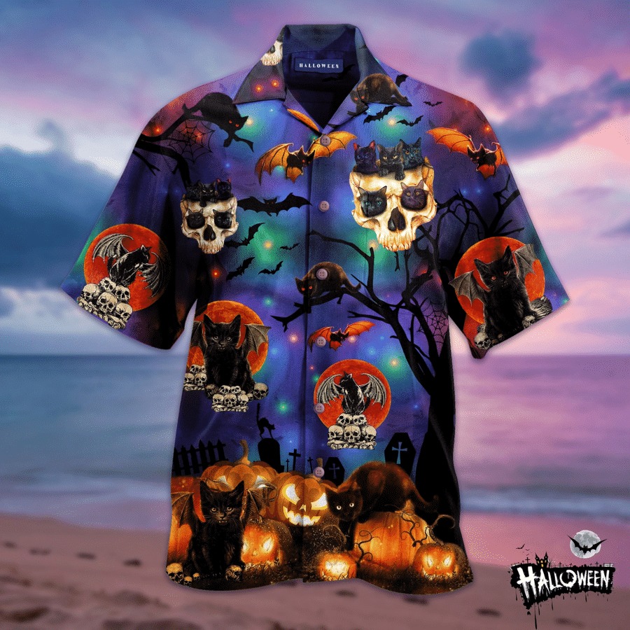 HALLOWEEN CAT AND SKULL HAWAIIAN SHIRT – BBS