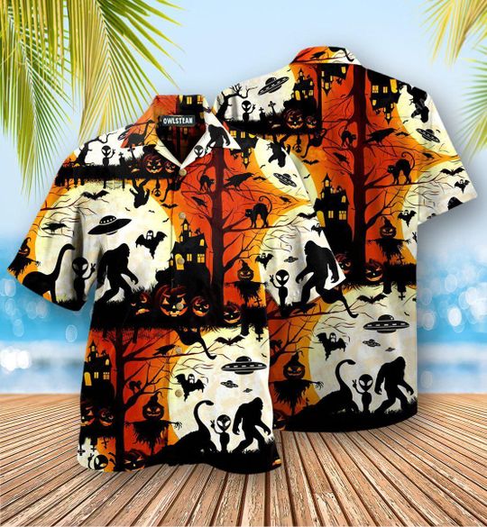 HALLOWEEN EW PEOPLE BIGFOOT UFO HAWAIIAN SHIRT -BBS